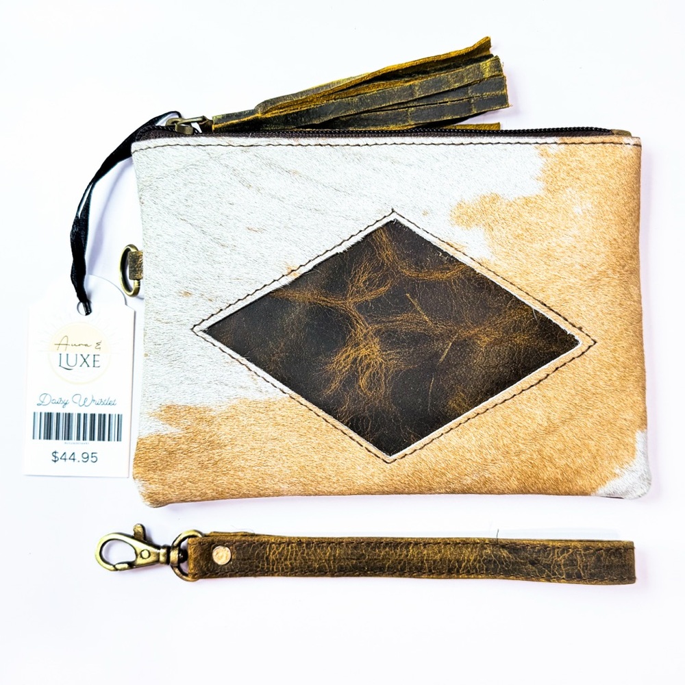 Hair On Hide Leather Wristlet Cowhide Clutch Western Ranch Rustic Brown/White - Picture 2 of 5